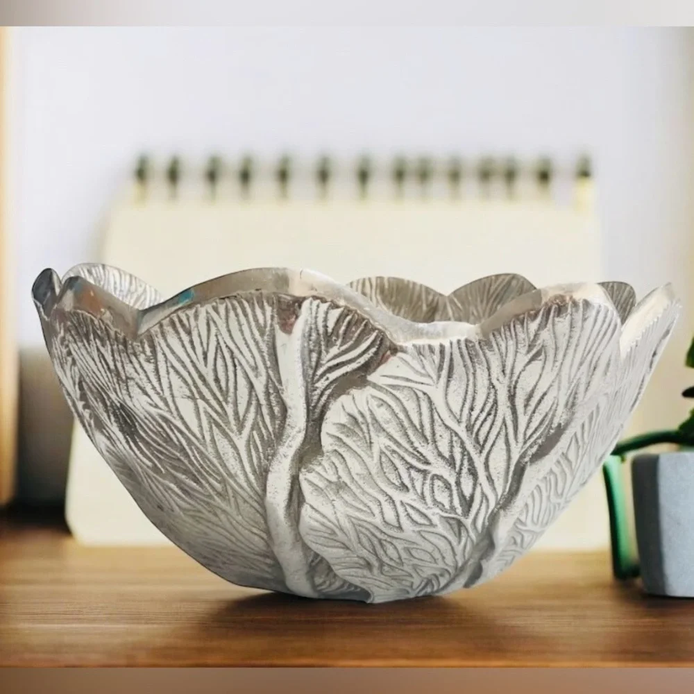 Pewter Salad Serving Bowl Lettuce Leaf Pattern Garden Cabbage Bowl Very Heavy!